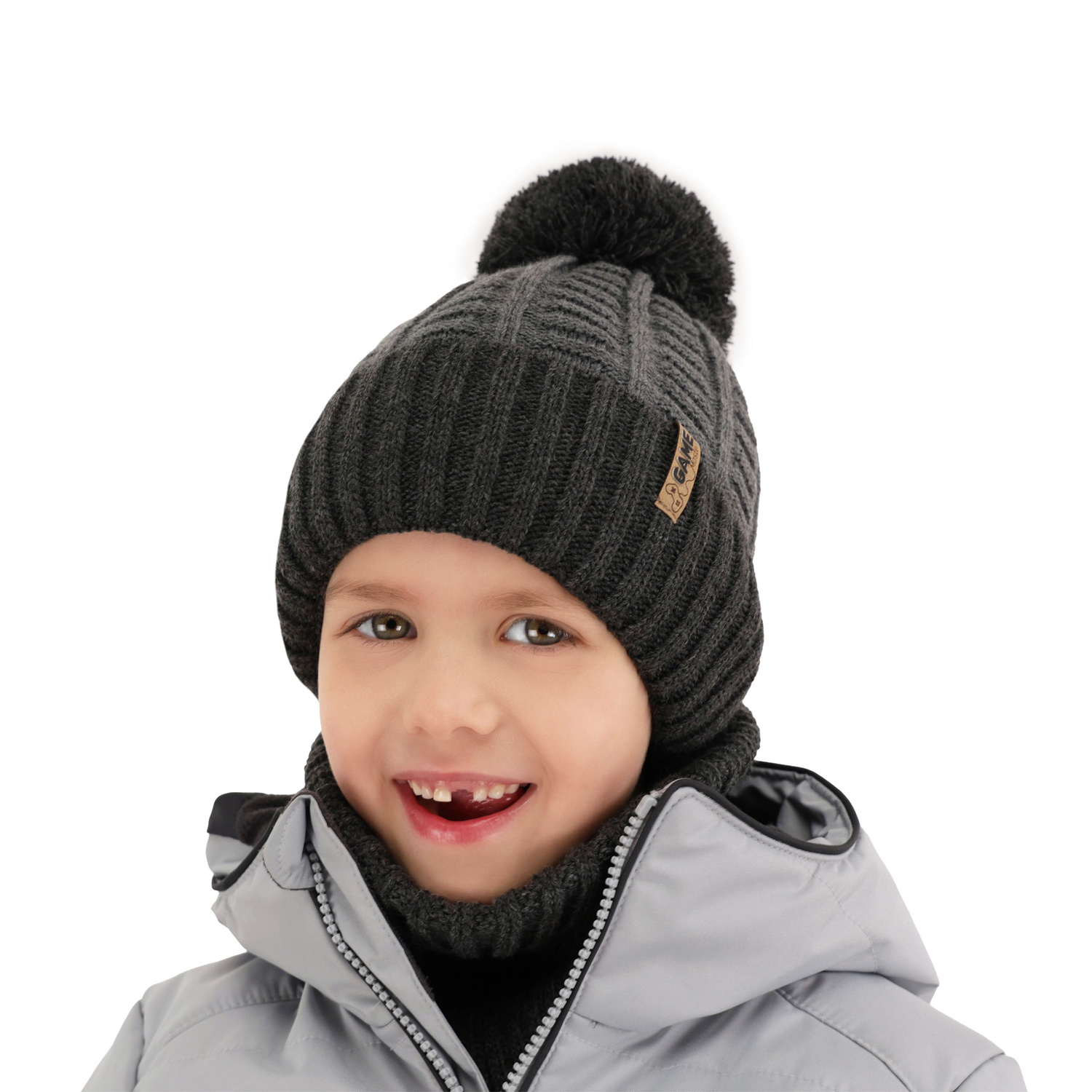 Pojke vinter set: mössa och halsduk, camel, med pompom, Leo