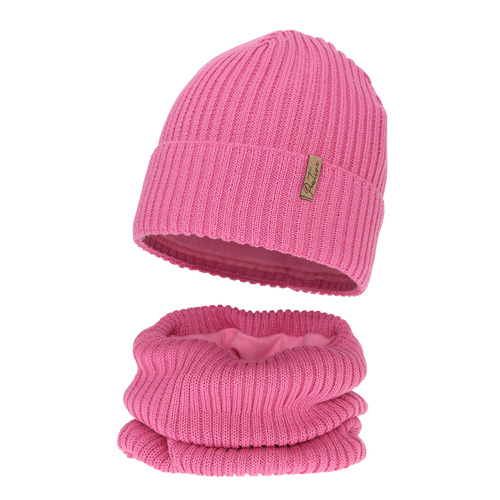 Flicka vinter set: mössa och tubhalsduk fodrad med fleece, rosa, med merinull, Odette