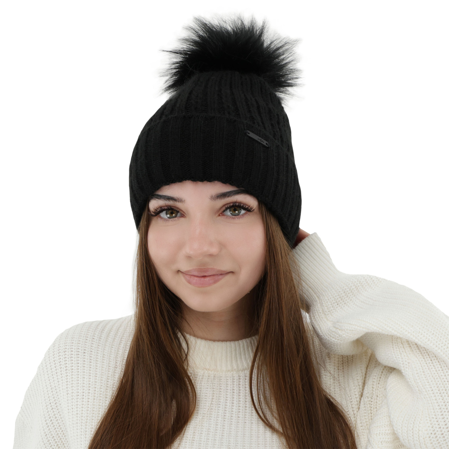 Dam vintermössa, beige, med pompom, Karizma