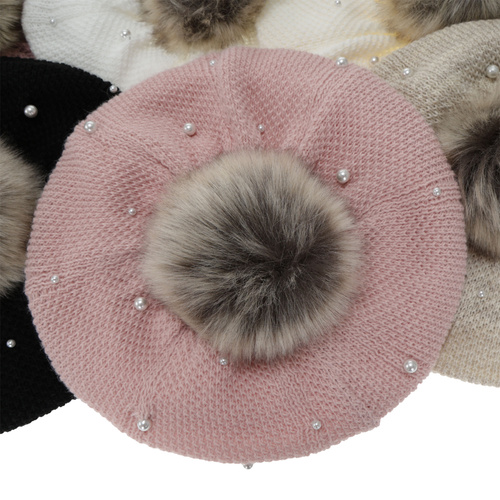 Flicka vinter set: basker och tubhalsduk, beige, fodrad med fleece, med pompom, Jeanette