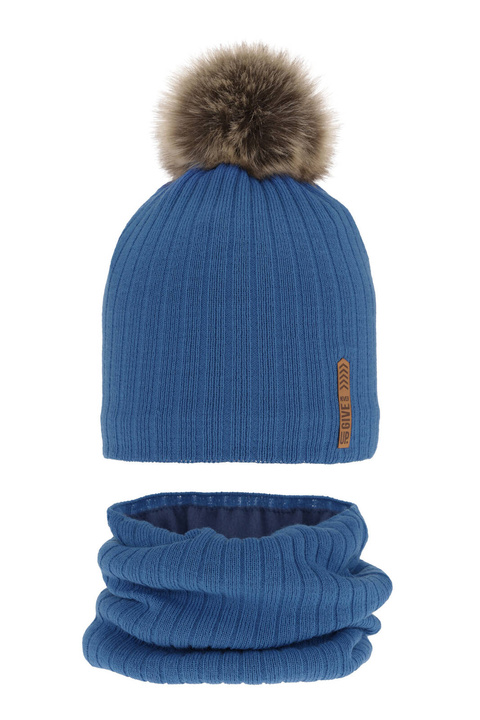 Pojke vinter set: mössa och halsduk, blå, med pompom, Kalen