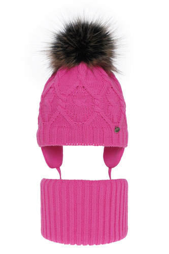 Flicka vinter set: mössa och halsduk, rosa, med pompom, Elena