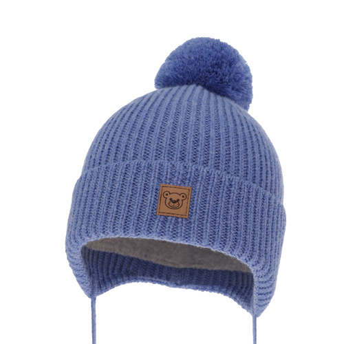 Pojke vintermössa, blå, med knytband, 100% Merino Ull, fodrad med ylle polar, Tofik
