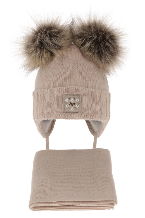 Flicka vinter set: mössa och halsduk, beige, med två pompommar, Jazz