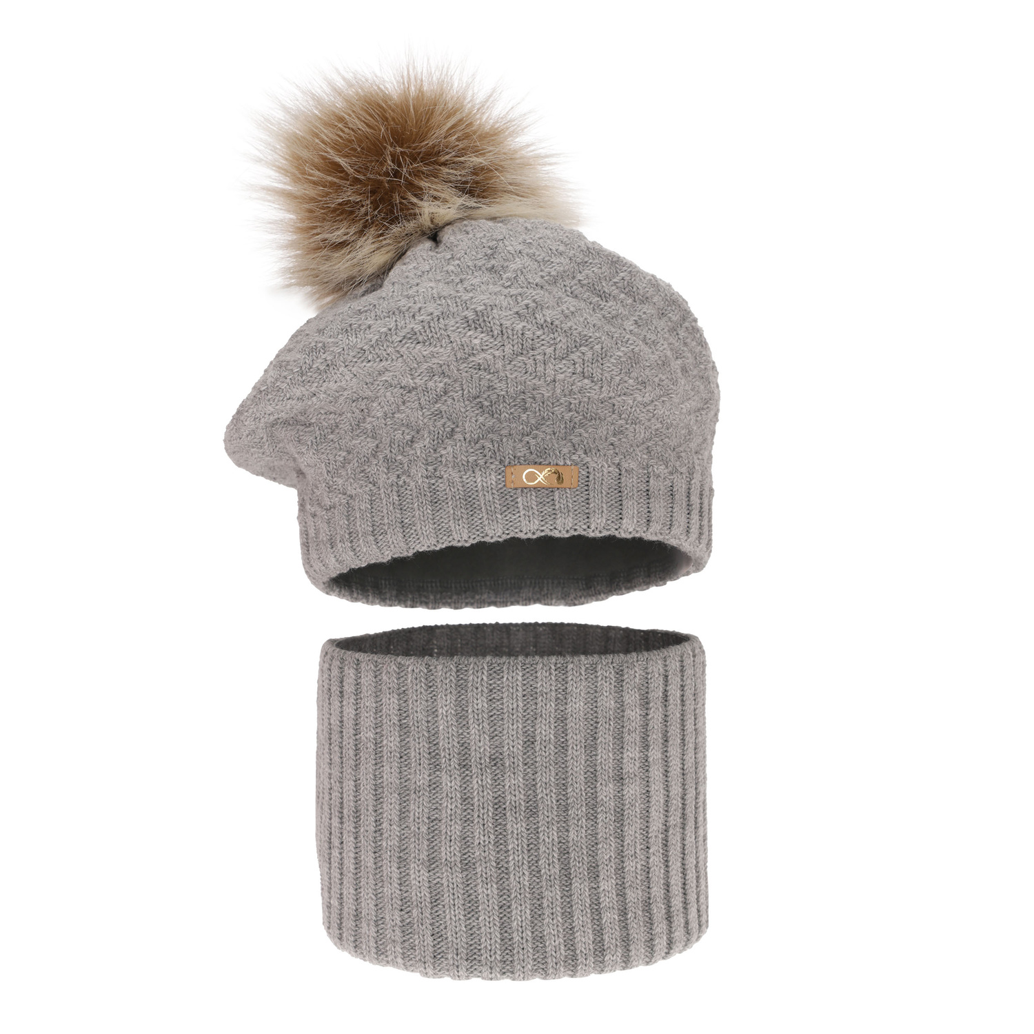 Flicka vinter set: mössa och halsduk, grå, med pompom, Atene