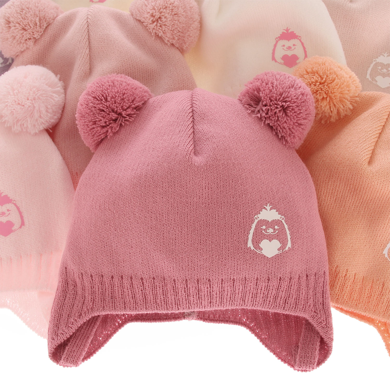 Flicka höst/vår mössa, vit, med två pompommar, knytband, Bunia