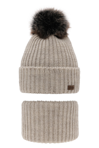 Pojke vinter set: mössa och halsduk, beige, med pompom, Wonder