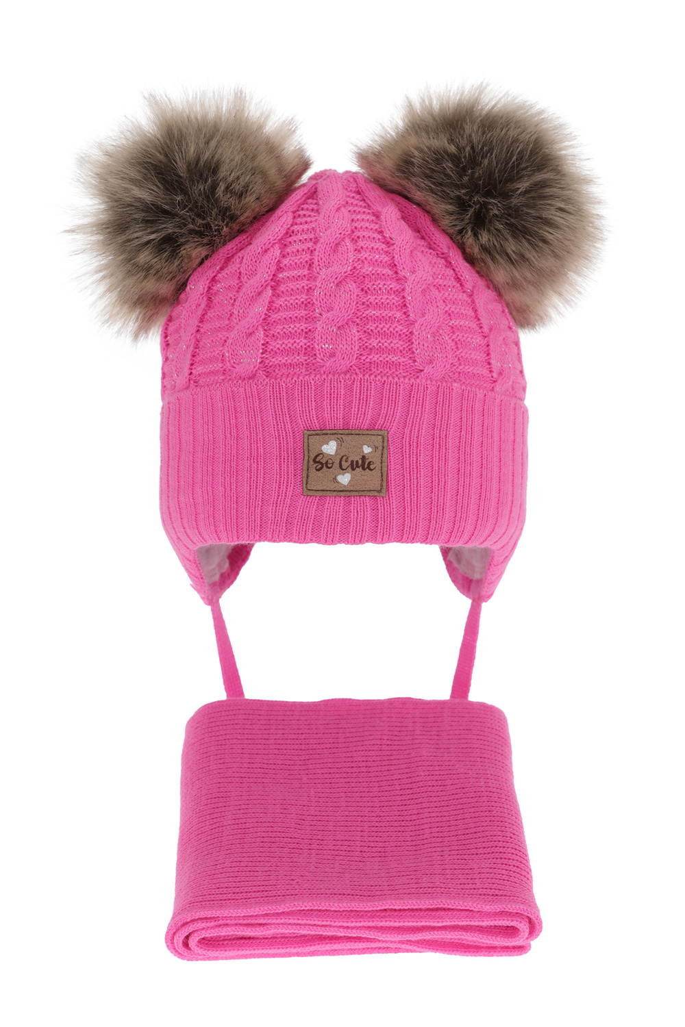 Flicka vinter set: mössa och halsduk, rosa, med två pompommar, med glittrande tråd, Klarita