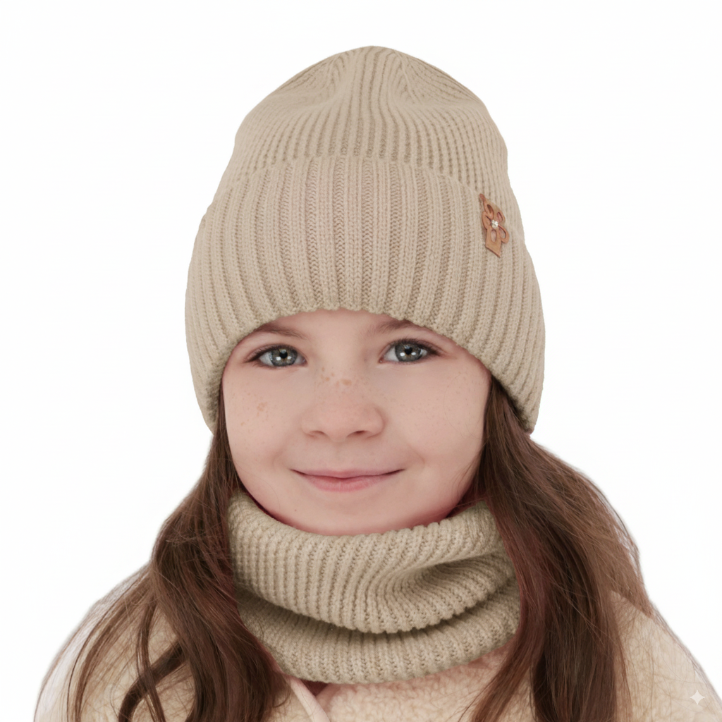 Flicka vinter set: mössa och tubhalsduk, beige, 100% Merino Ull, Nelita