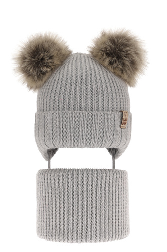 Pojke vinter set: mössa och halsduk, grå, med knytband, 100% Merino Ull, Konor