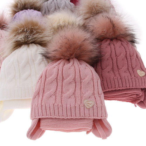 Flicka vinter set: mössa och halsduk, rosa, med pompom, Morena