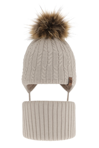 Pojke vinter set: mössa och tubhalsduk, beige, med knytband, med pompom, Indigo
