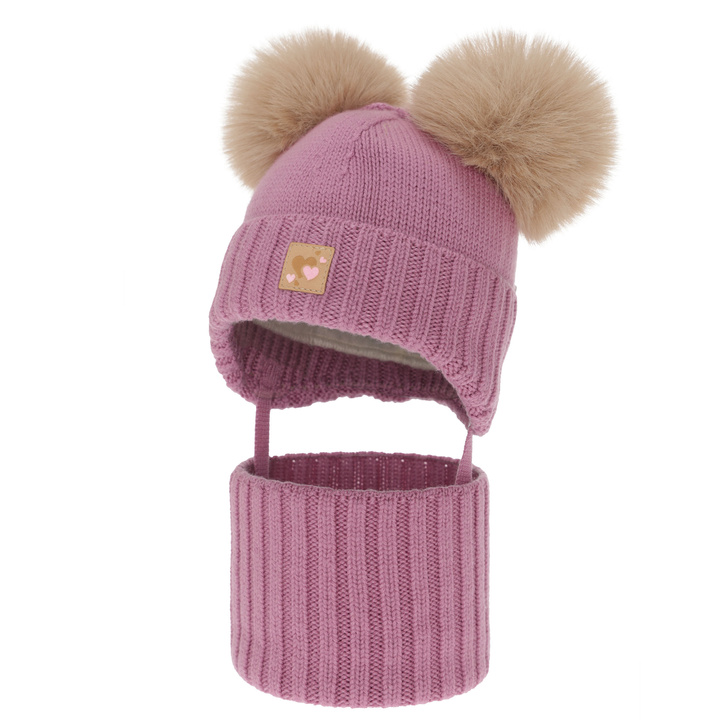 Flicka mössa och tubscarf, vinter set, lila, 100% merinull, fodrad med ullfleece, Ronia