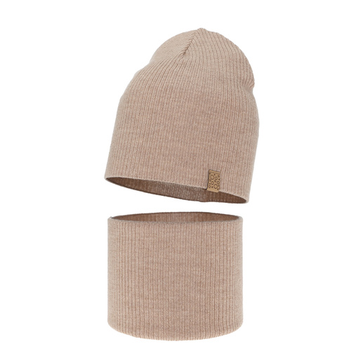 Flicka höst/vår set: mössa och tubhalsduk, beige, 100% Merino Ull, Ricona