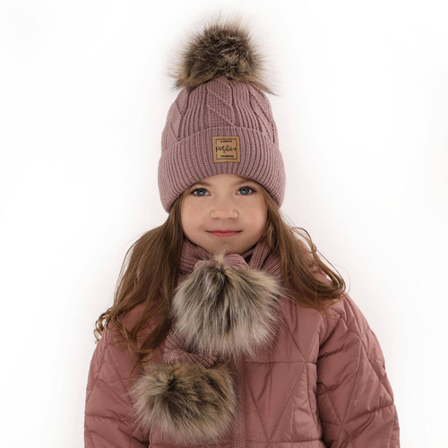 Flicka vinter set: mössa och halsduk, grå, med två pompommar, Gabriela