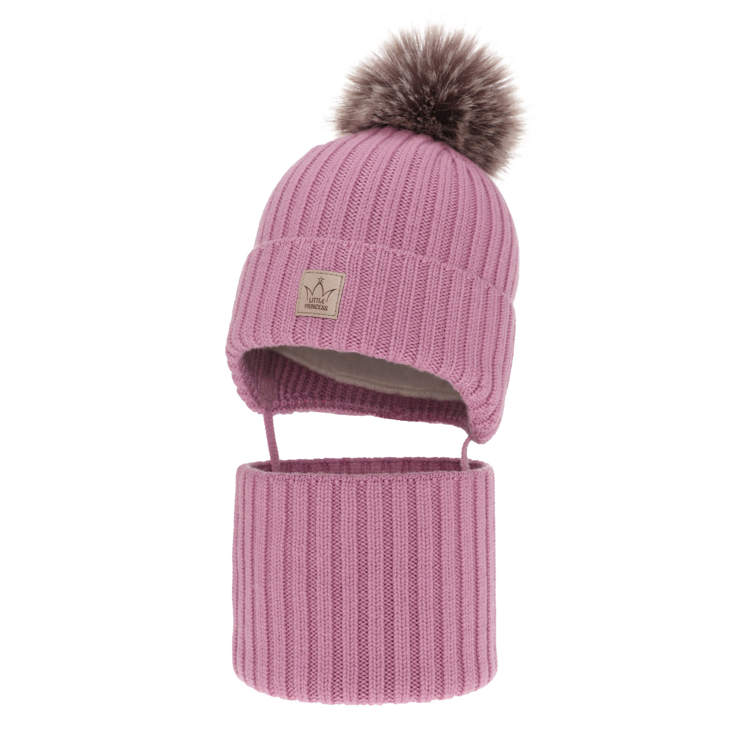 Flicka vinter set: mössa och tubhalsduk, lila, med 100% Merino Ull, fodrad med merinull, med knytband, Martina