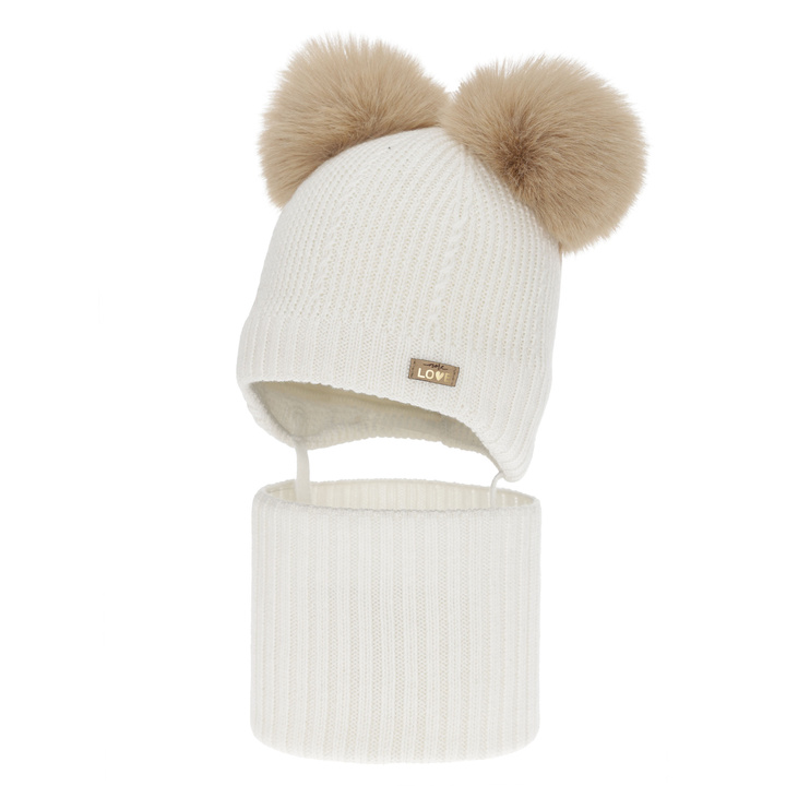 Flicka mössa och tubscarf, vinter set, vit, 100% merinull, fodrad med ullfleece, Lumia