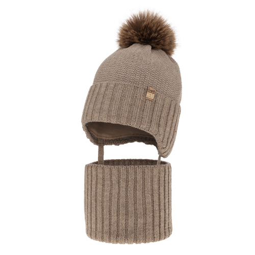 Pojke vinter set: mössa och tubhalsduk, beige, med pompom, Kayen