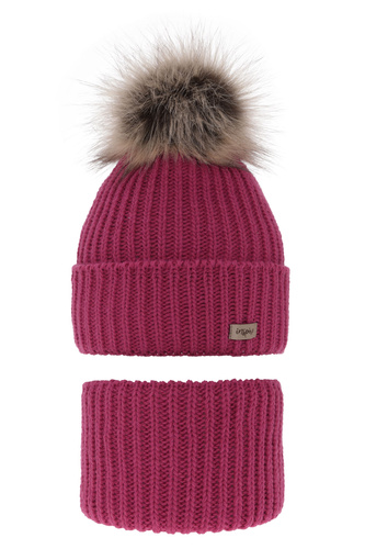 Flicka vinter set: mössa och tubhalsduk, rosa, med pompom, Willow