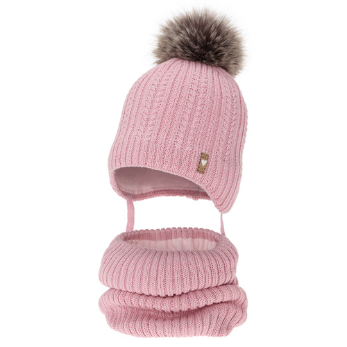 Flicka vinter set: mössa och halsduk, rosa, med merinull, med pompom, wiązany, Muanda