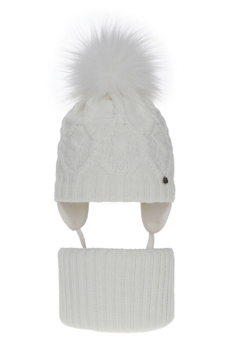 Flicka vinter set: mössa och tubhalsduk, vit, med pompom, Elena