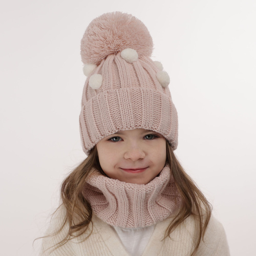 Flicka vinter set: mössa och tubhalsduk, vit, med pompom, Hekate