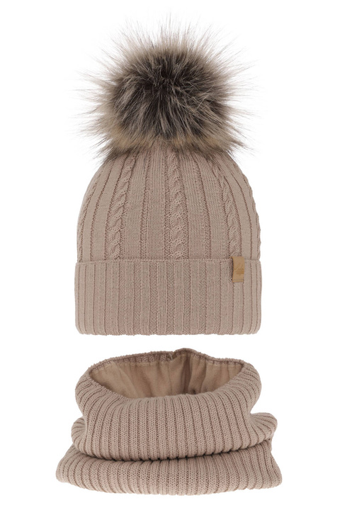 Flicka vinter set: mössa och halsduk, beige, med merinull, Mirabel