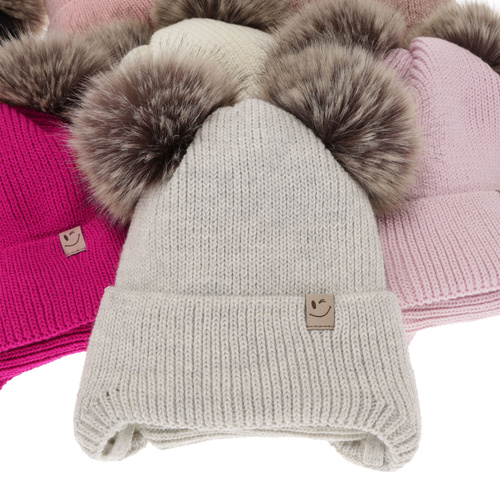 Flicka vinter set: mössa och tubhalsduk, rosa, med två pompommar, med knytband, Zori