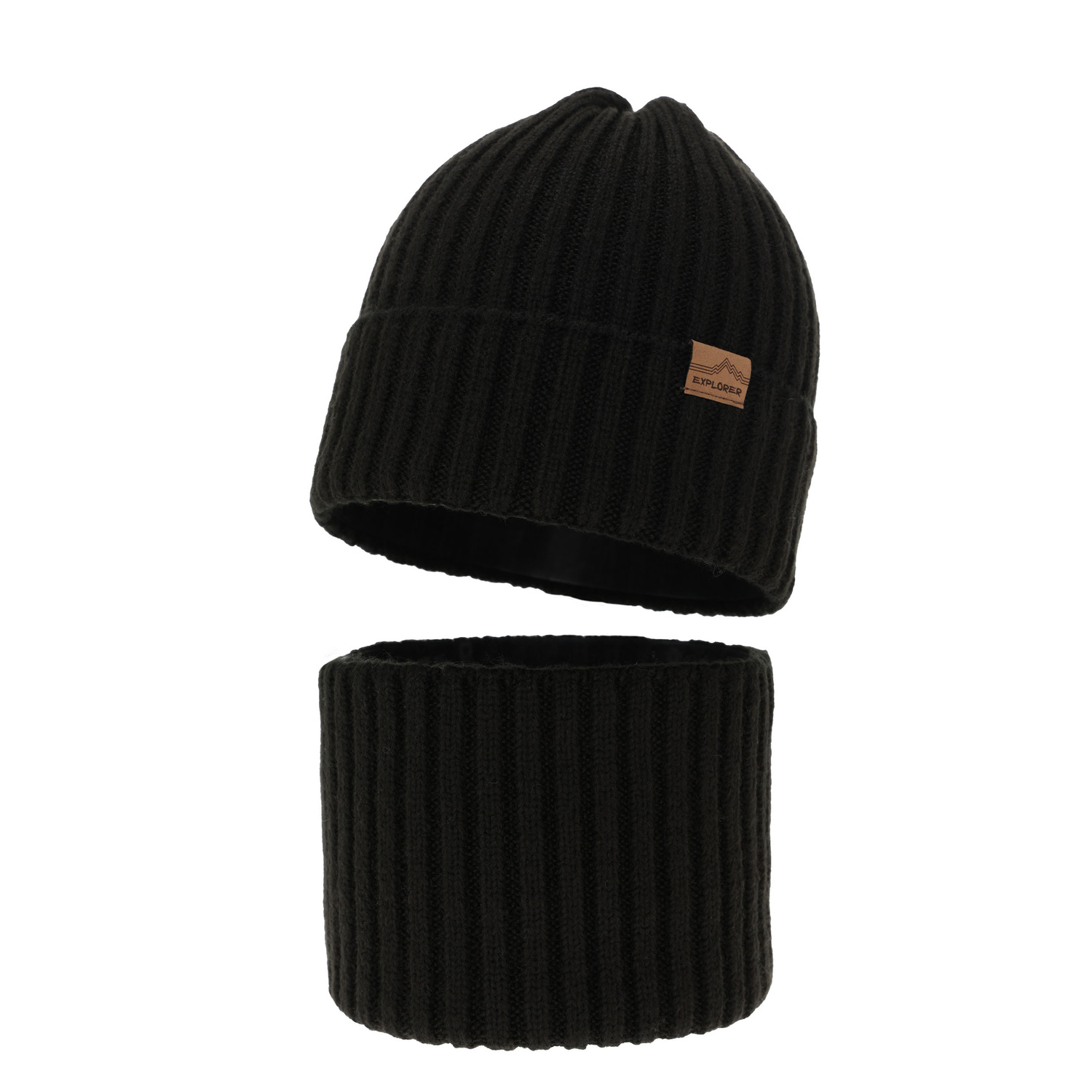 Pojke vinter set: mössa och tubhalsduk, svart, med merinull, Karmin