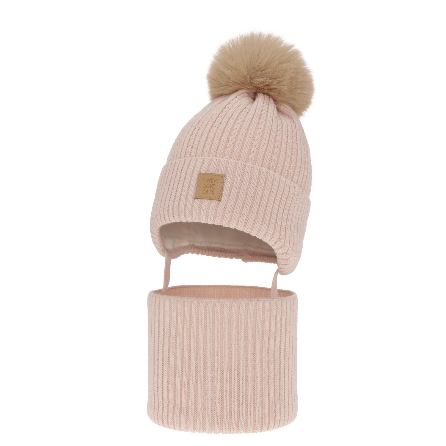 Flicka vinter set: mössa och halsduk, ljusrosa, med pompom, Betty