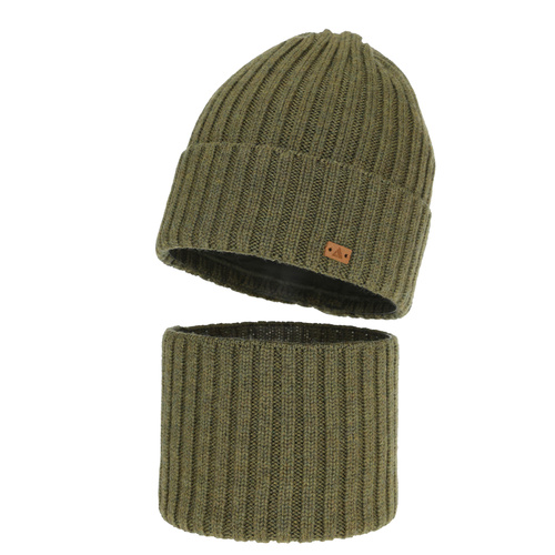 Pojke vinter set: mössa och tubhalsduk, khaki, 100% Merino Ull, Umberto