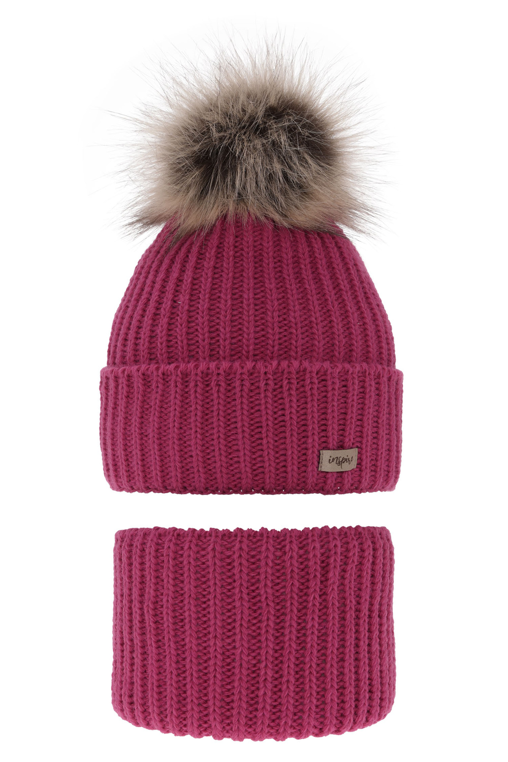 Flicka vinter set: mössa och tubhalsduk, rosa, med pompom, Willow