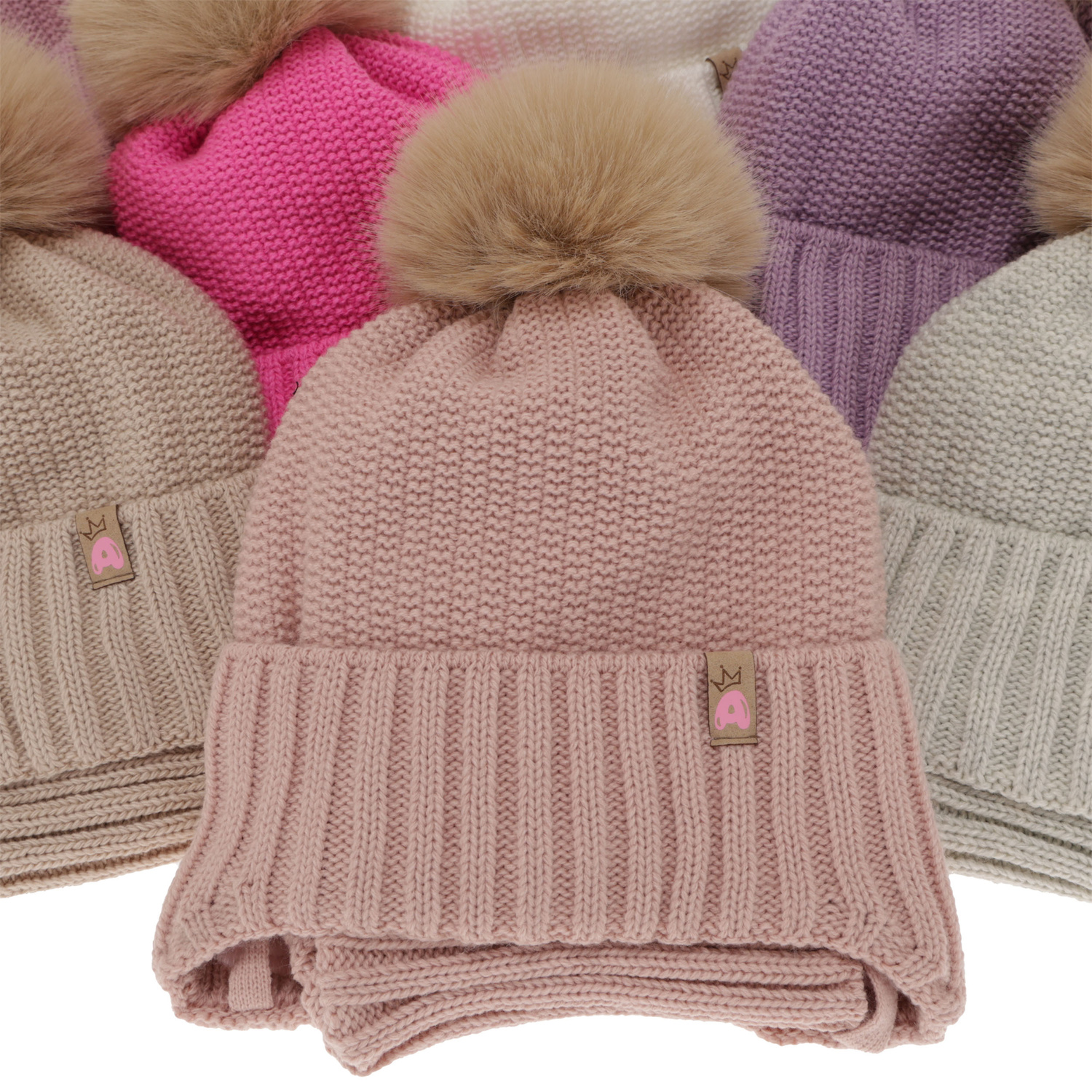 Flicka vinter set: mössa och halsduk, vit, med pompom, Kaya