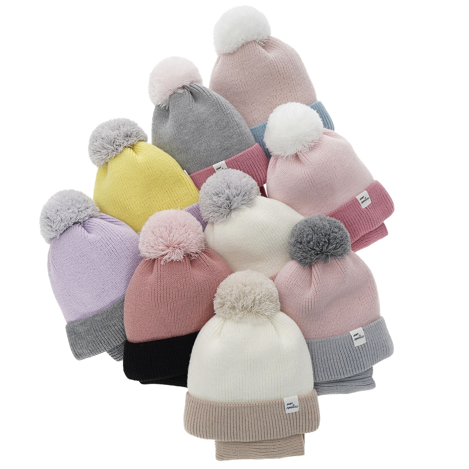 Flicka vinter set: mössa och halsduk, rosa, med pompom, Rosalin