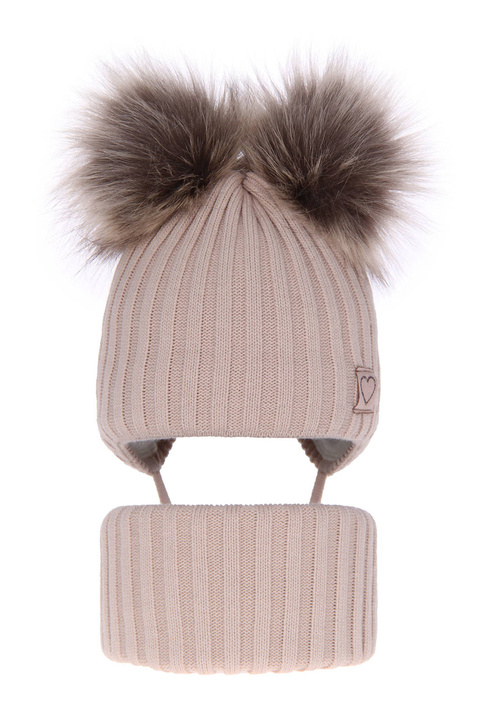 Flicka vinter set: mössa och tubhalsduk, beige, med två pompommar, wiązany, Telisa