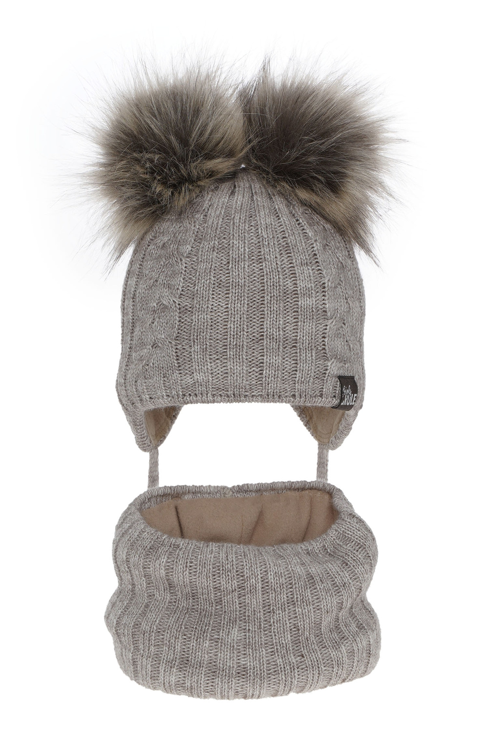 Flicka vinter set: mössa och halsduk, beige, med två pompommar, wiązany Marlen