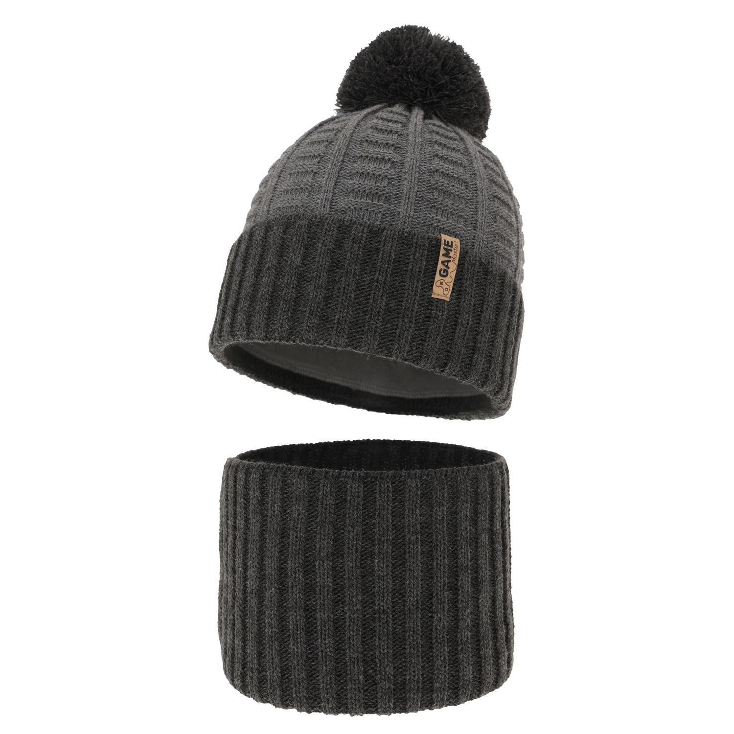 Pojke vinter set: mössa och tubhalsduk, grå, med pompom, Leo