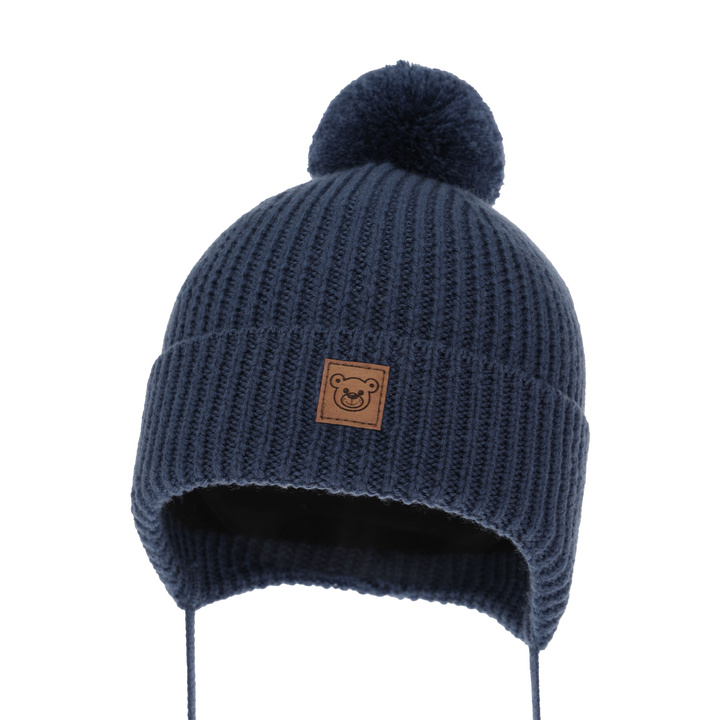 Pojke vintermössa, blå, med knytband, 100% Merino Ull, fodrad med merinull, Tacco
