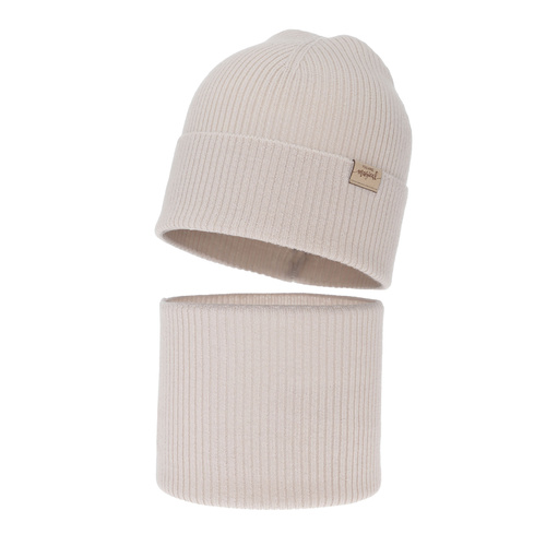 Flicka höst/vår set: mössa och tubhalsduk, beige, 100% Merino Ull, Magenta