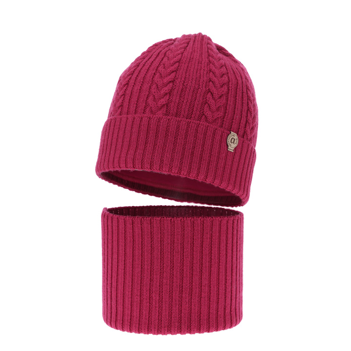 Flicka vinter set: mössa och tubhalsduk, amarant, 100% merinoull, Jenny