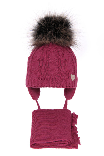 Flicka vinter set: mössa och halsduk, rosa, med pompom, Morena