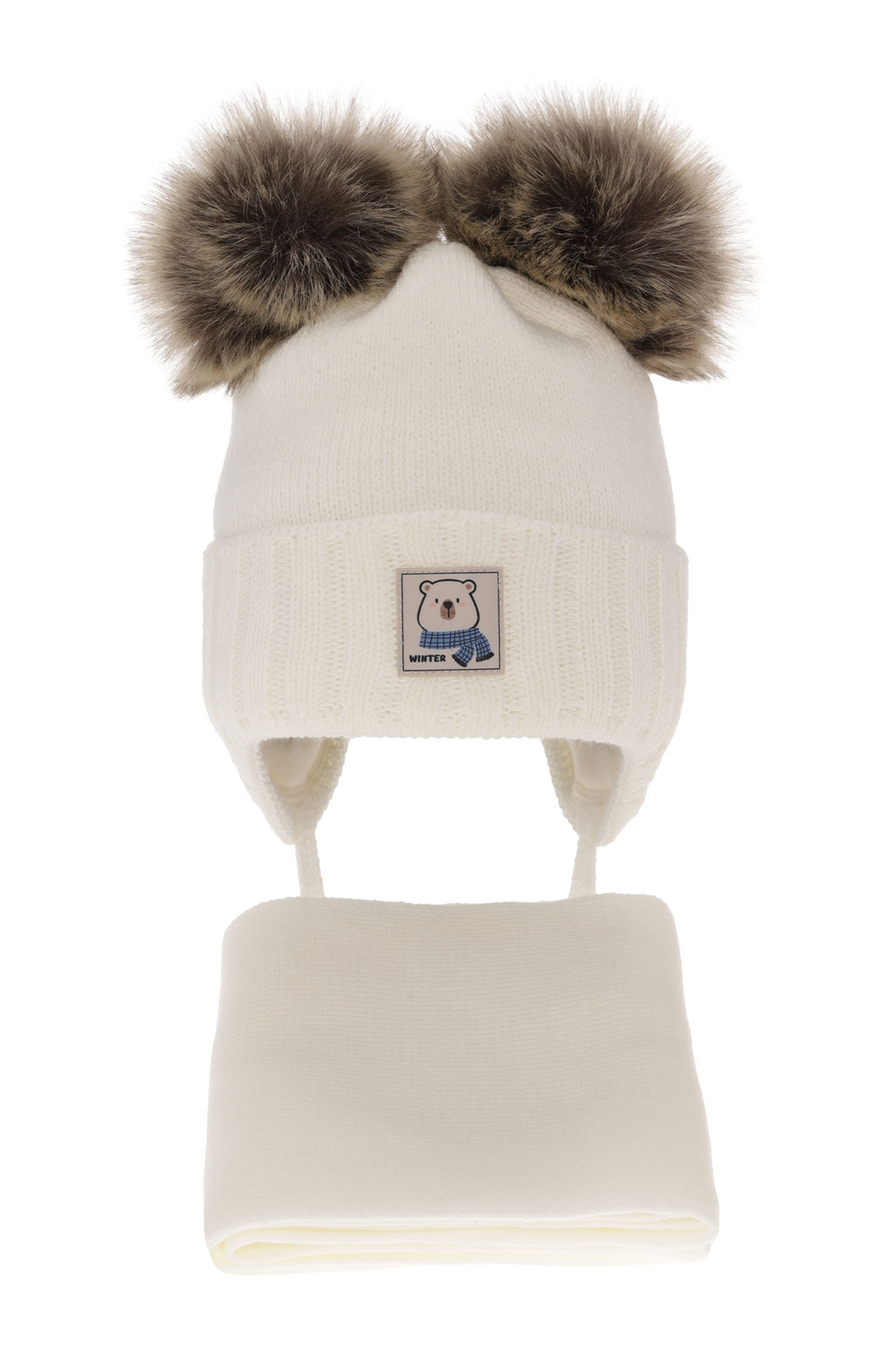 Pojke vinter set: mössa och halsduk, kremowy, med två pompommar, knytband, Jewel