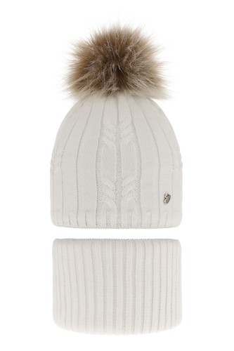 Flicka vinter set: mössa och halsduk, vit, med pompom, Amaltea