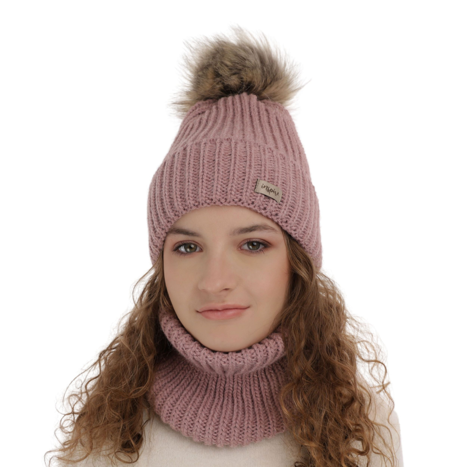 Flicka vinter set: mössa och tubhalsduk, lavendel, med pompom, Willow