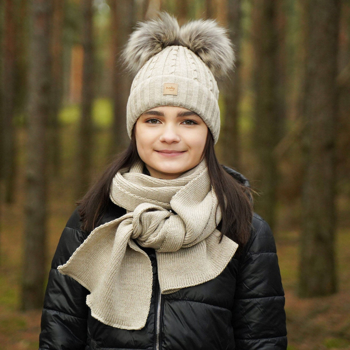 Flicka vinter set: mössa och halsduk, beige, med två pompommar, Zenda
