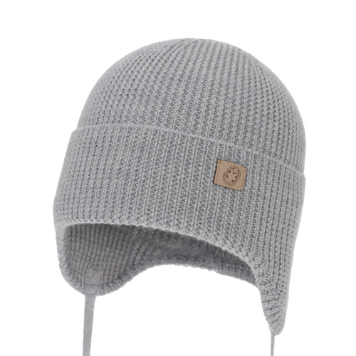 Pojke höst/vår mössa, grå, 100% Merino Ull, med knytband, Bakadi