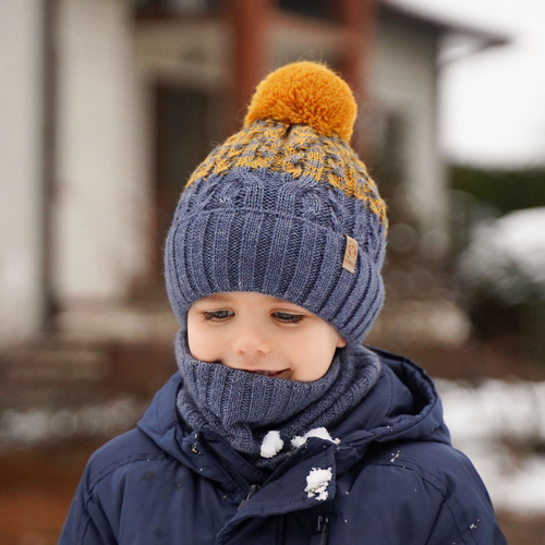 Pojke vinter set: mössa och tubhalsduk, svart, med pompom, Travis