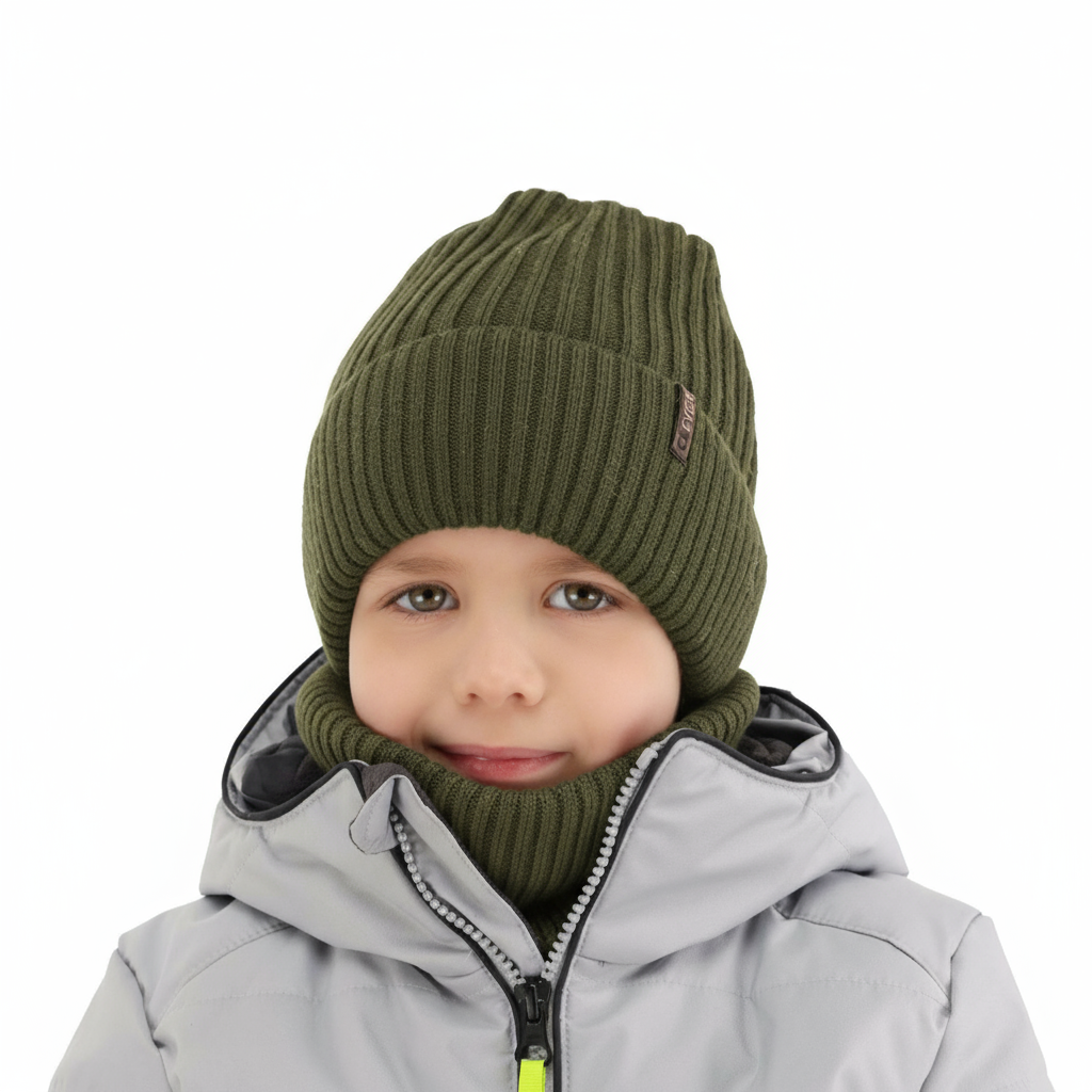 Pojke vinter set: mössa och tubhalsduk, khaki, 100% Merino Ull, Gizmo