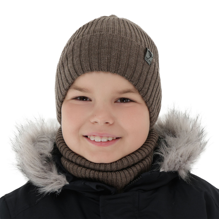 Pojke vinter set: mössa och tubhalsduk, brun, fodrad med fleece, med merinull, Gecko