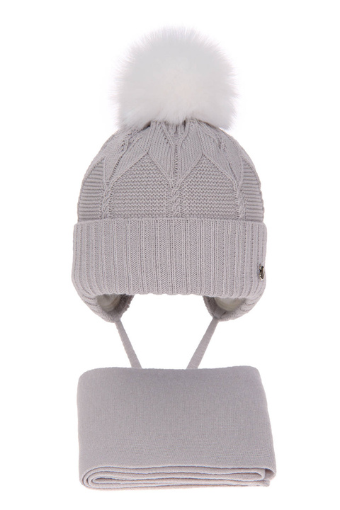 Flicka vinter set: mössa och halsduk, grå, med pompom, Altina